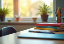 Bureau scolaire organisé avec fournitures colorées et tablette