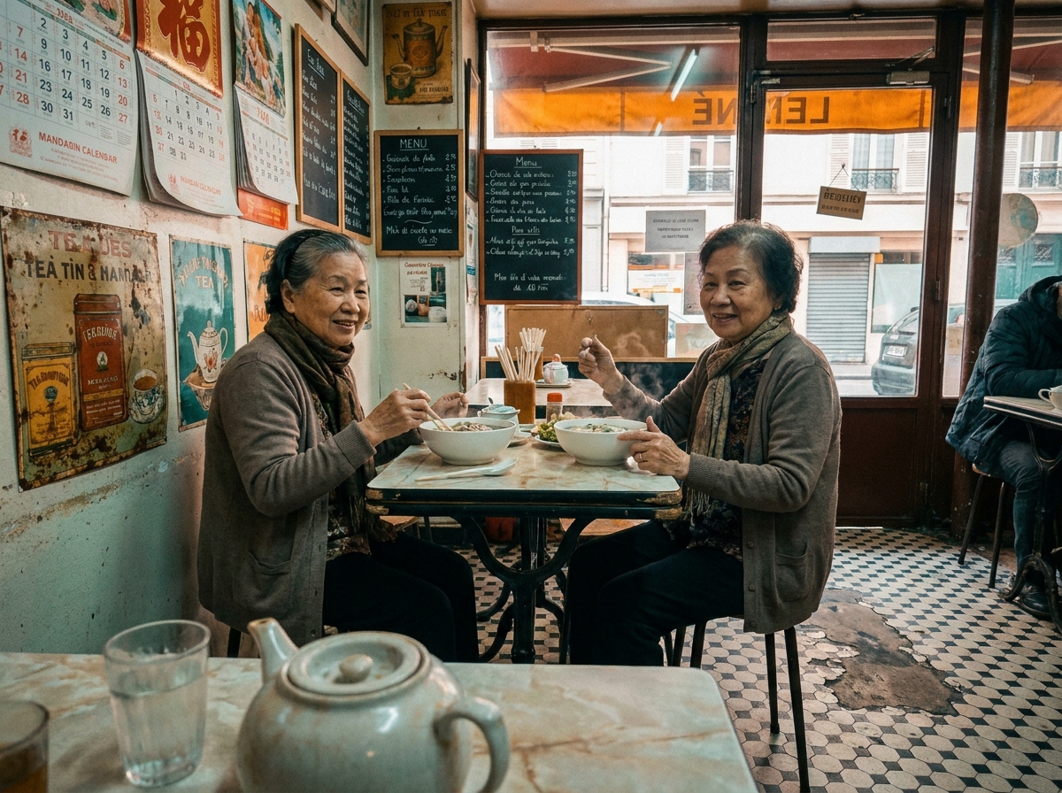 Intérieur authentique d'un café sino-vietnamien à Belleville avec deux femmes âgées partageant un repas traditionnel