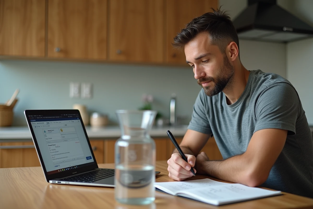 Homme à la cuisine calculant une conversion de cm3 en litres sur ordinateur avec un carnet de notes