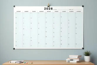 Calendrier mural annuel 2026 avec numéros de semaines paires affiché dans un bureau moderne