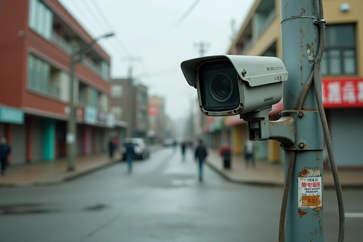 Caméra de vidéosurveillance installée sur un poteau dans un quartier urbain, dispositif de sécurité publique