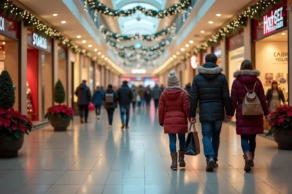 Centre commercial ouvert le dimanche avant Noël avec des familles faisant leurs courses de dernière minute