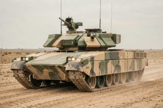 Char M1A1 Abrams vu de face en trois quarts bas sur un terrain militaire poussiéreux avec camouflage usé et détails de blindage réalistes