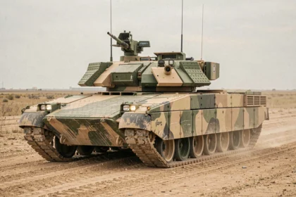 Char M1A1 Abrams vu de face en trois quarts bas sur un terrain militaire poussiéreux avec camouflage usé et détails de blindage réalistes