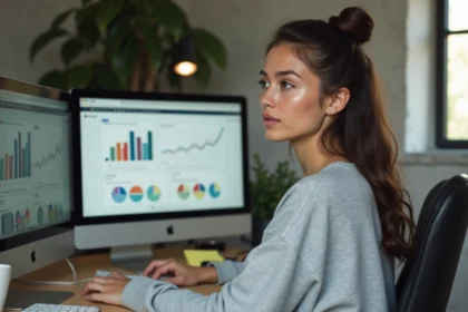 Jeune femme devant des écrans d'analyse de réseaux sociaux dans un bureau moderne en 2026, illustrant la hype autour des personnalités virales comme Charlotte Haffner sur leakimedia