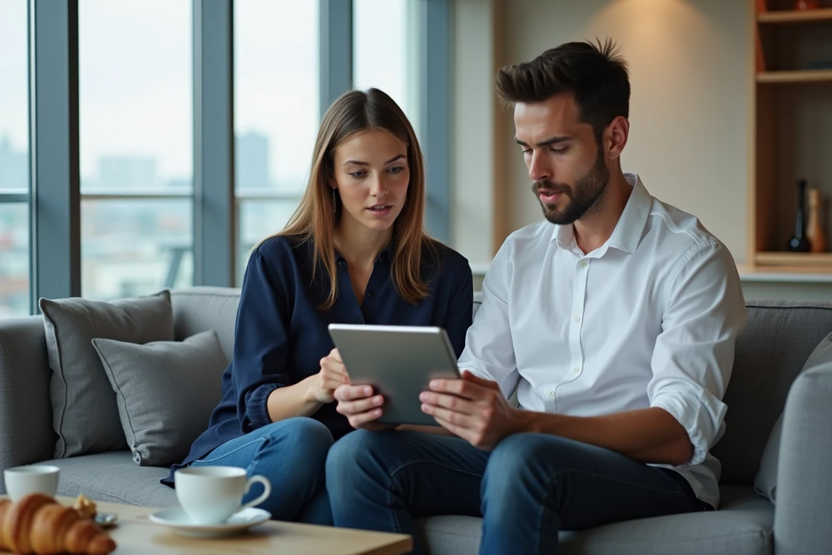 Deux personnes découvrant ensemble du contenu viral sur une tablette dans un appartement moderne, symbolisant la curiosité autour des tendances leakimedia et Charlotte Haffner en 2026
