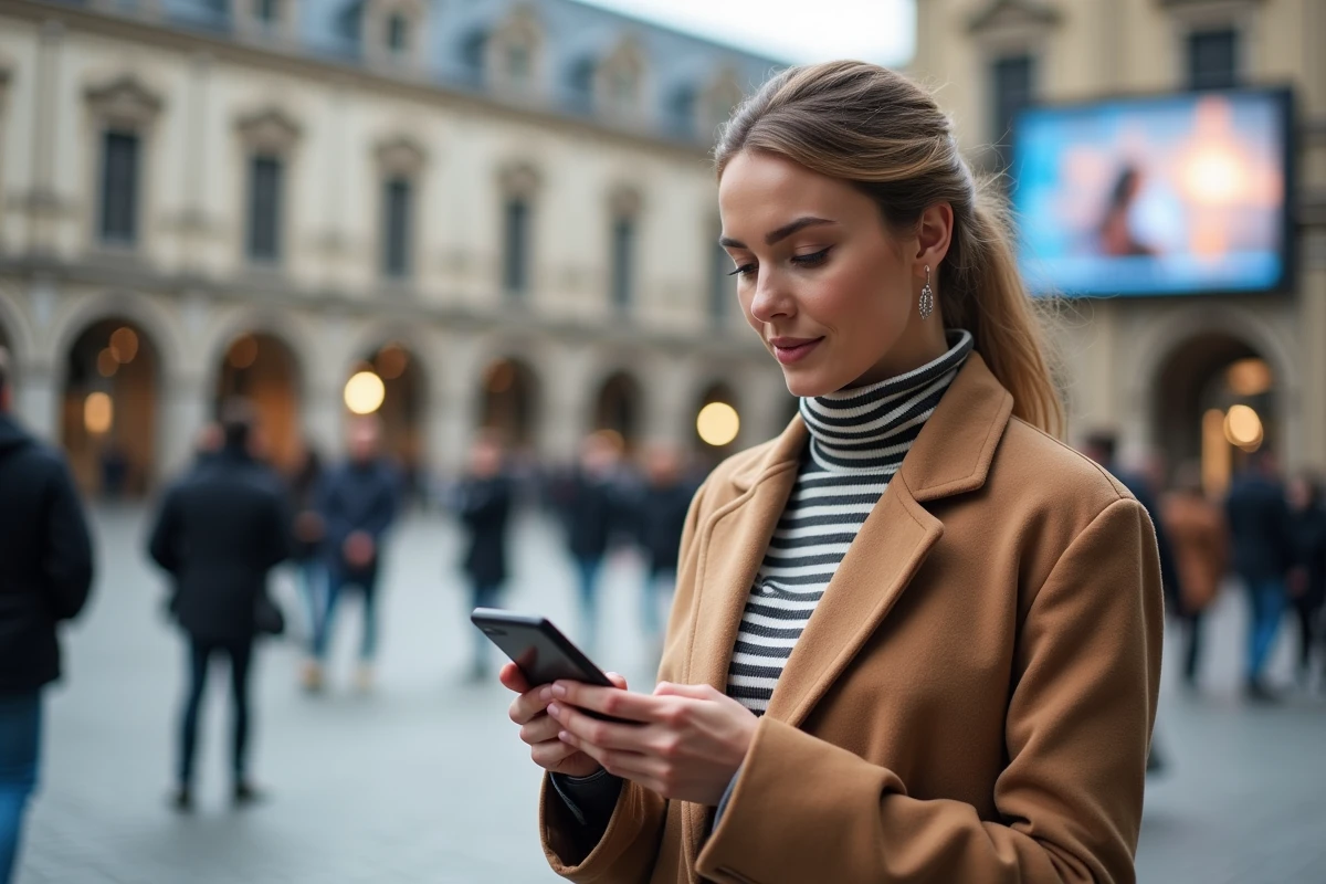 Femme consultant un profil de personnalité virale sur son smartphone en pleine place publique européenne, évoquant la notoriété croissante de Charlotte Haffner sur leakimedia en 2026
