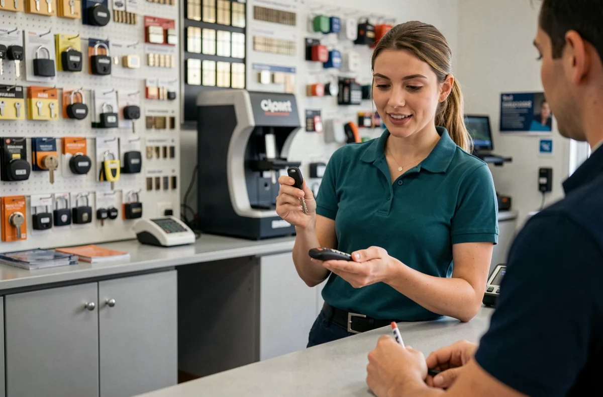 Technicienne de Chaumont Clés Services présentant une clé fraîchement reproduite dans la boutique de serrurerie à Chaumont