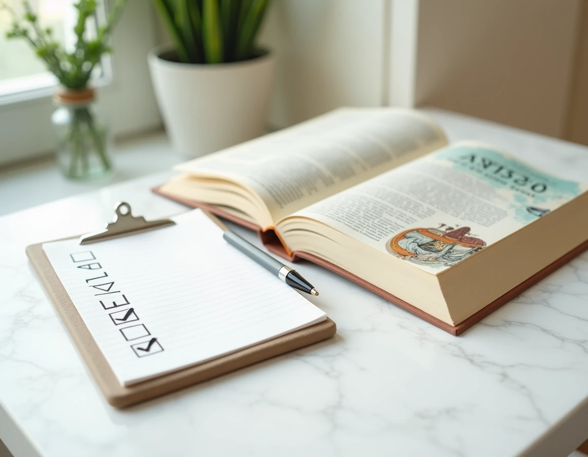 Checklist pour finaliser la première et quatrième de couverture d'un livre posée sur une table