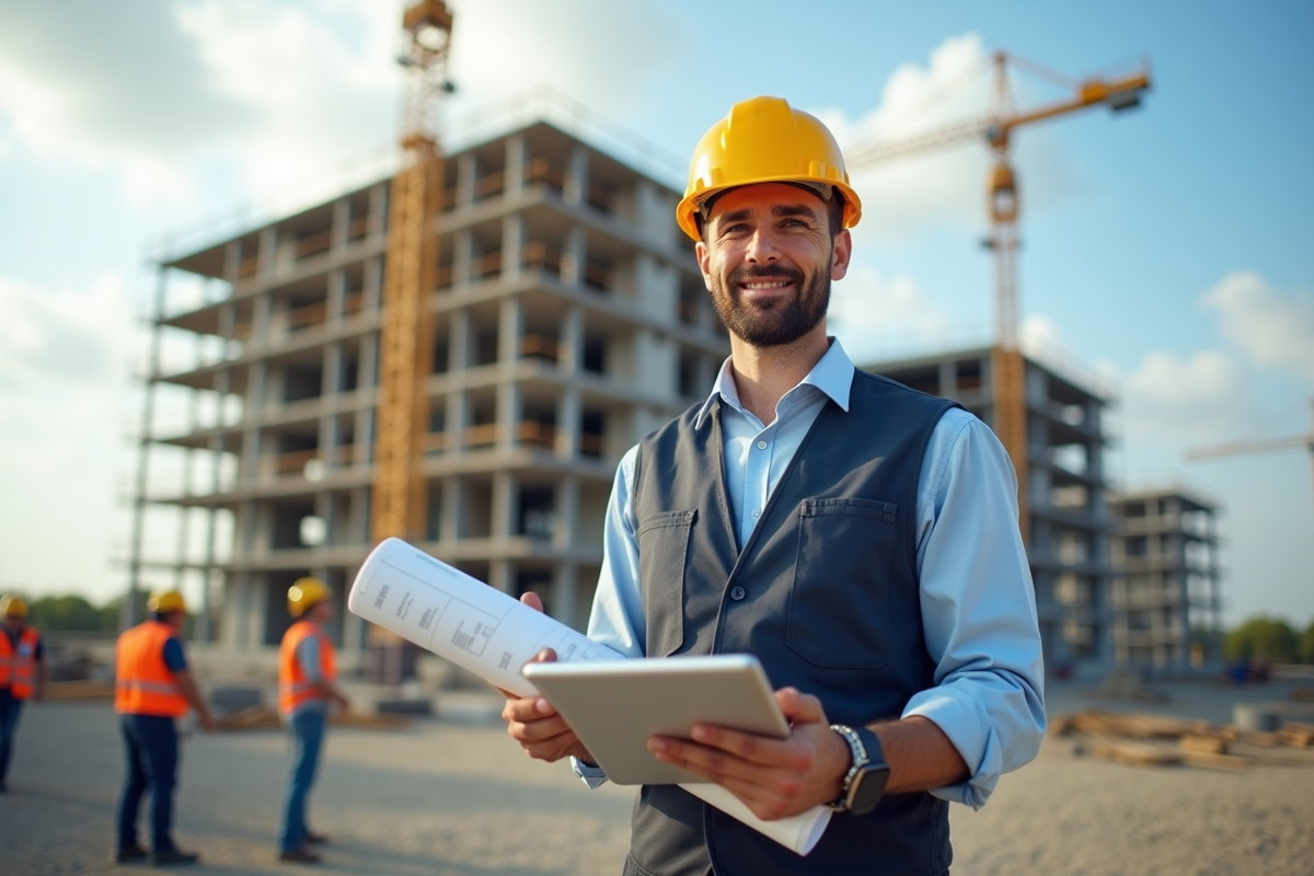 Chef de chantier sur site avec plans et tablette en main