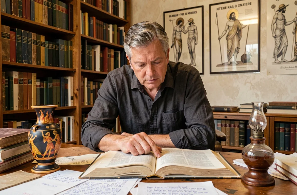Chercheur universitaire étudiant la mythologie grecque et les dieux du feu dans son bureau académique