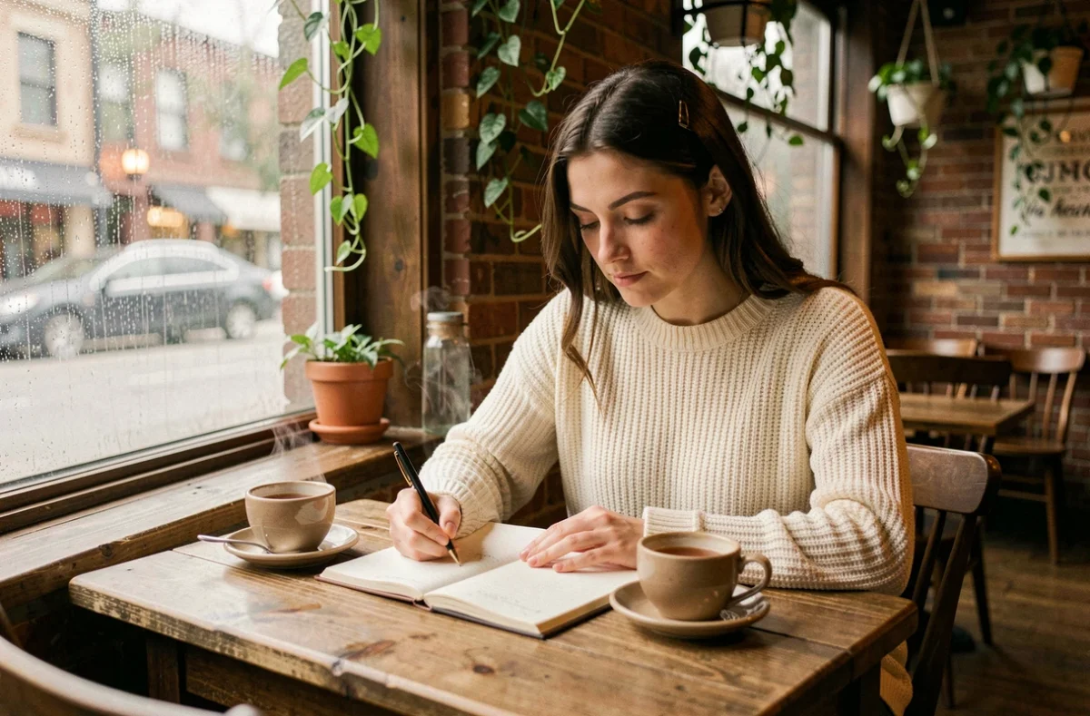 Femme écrivant ses pensées dans un carnet de café, exprimant la réflexion intérieure et la confiance en soi en amour