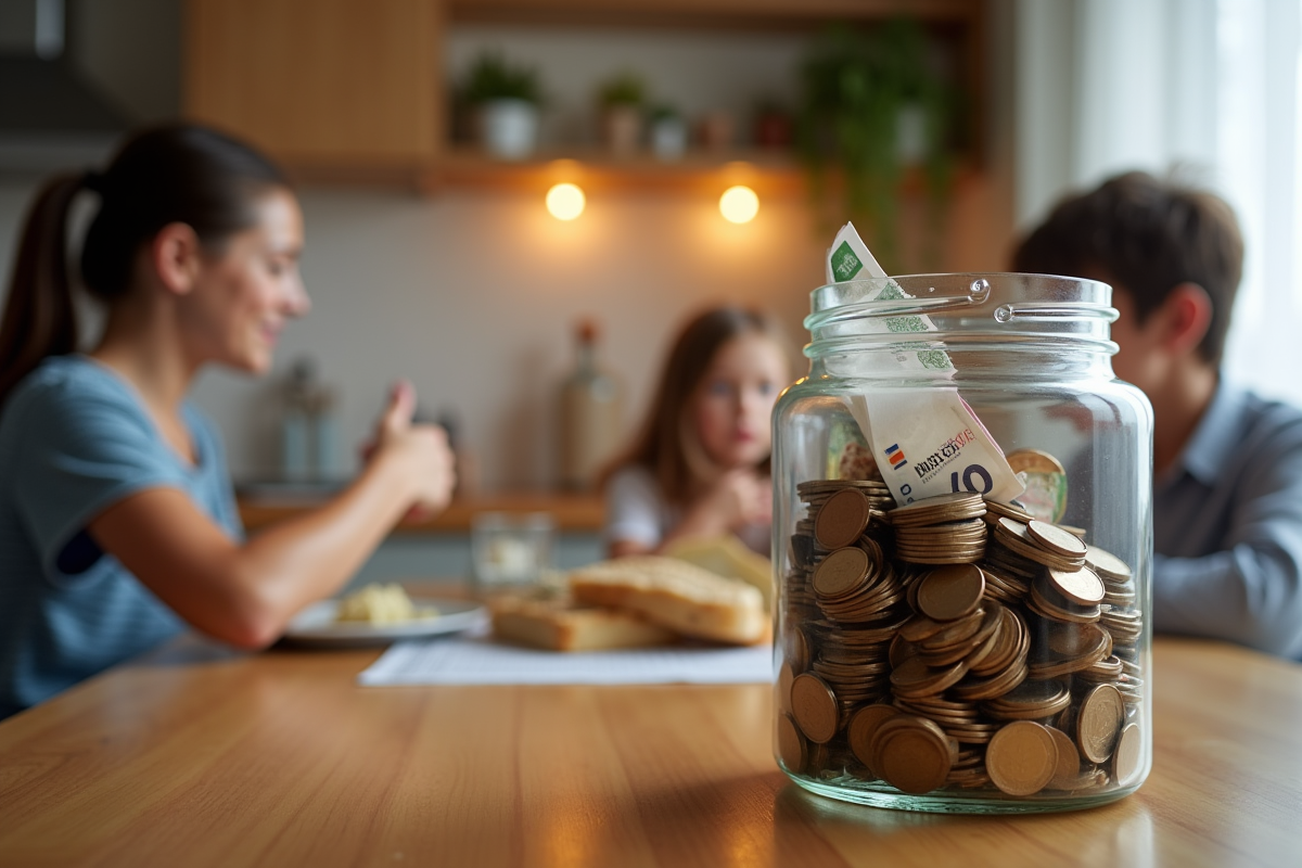 Coffre rempli de pièces et billets euros dans une cuisine chaleureuse