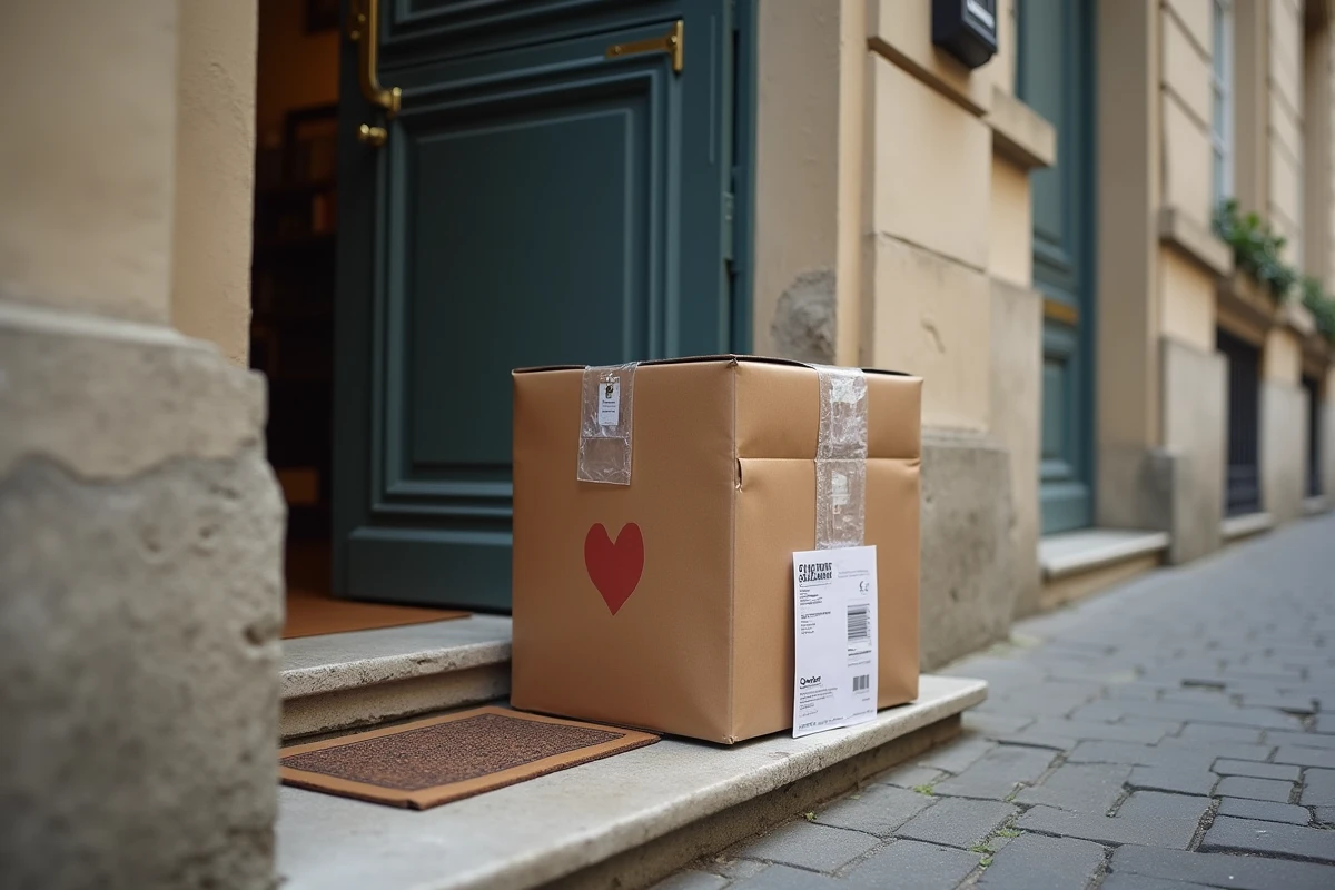 Colis Colissimo déposé devant la porte d'un immeuble parisien avec avis de passage glissé dessous