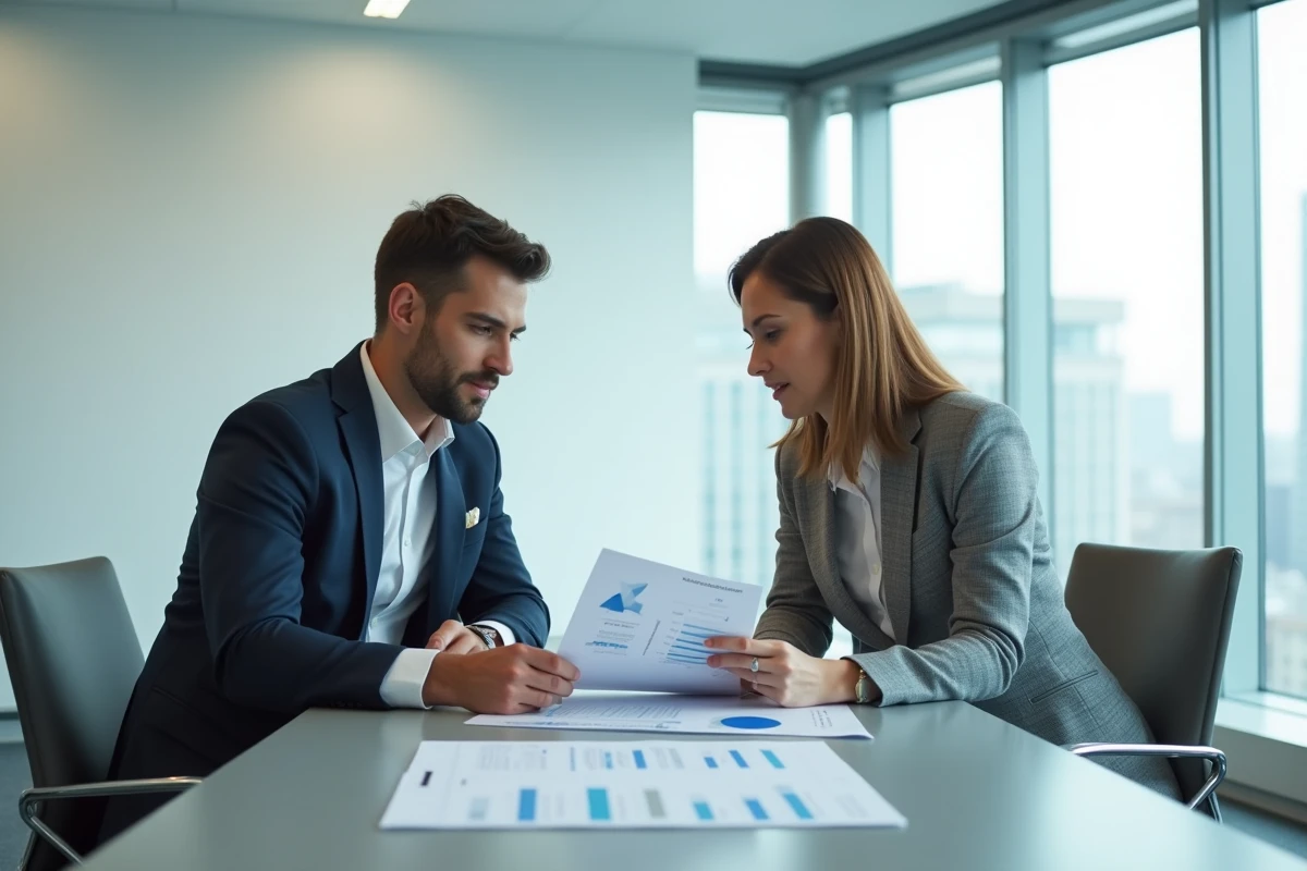 Deux collègues collaborant sur un rapport professionnel en salle de réunion, évoquant la précision du langage dans les communications d'entreprise