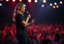Comedienne confiante sur scène avec micro et public en arrière-plan