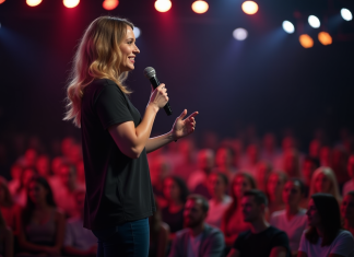 L’impact de la taille d’Ines Reg sur sa carrière comique : une analyse Comedienne confiante sur scène avec micro et public en arrière-plan