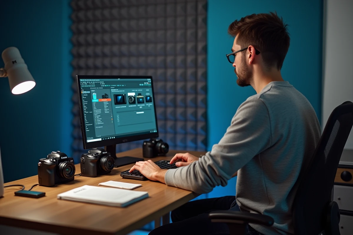 Créateur vidéo comparant plusieurs appareils photo capables de filmer en 4K sur son bureau à domicile