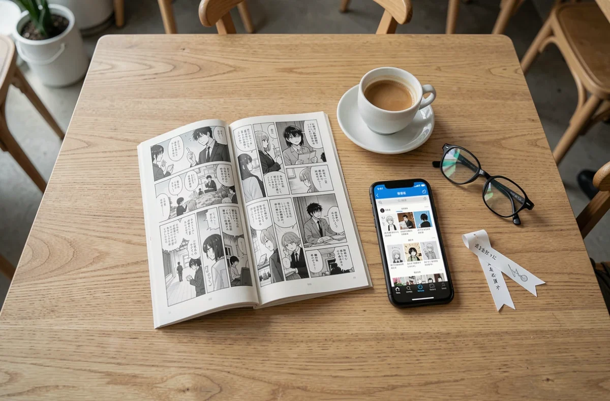 Comparaison entre lecture de manga en format papier et numérique sur une table de café