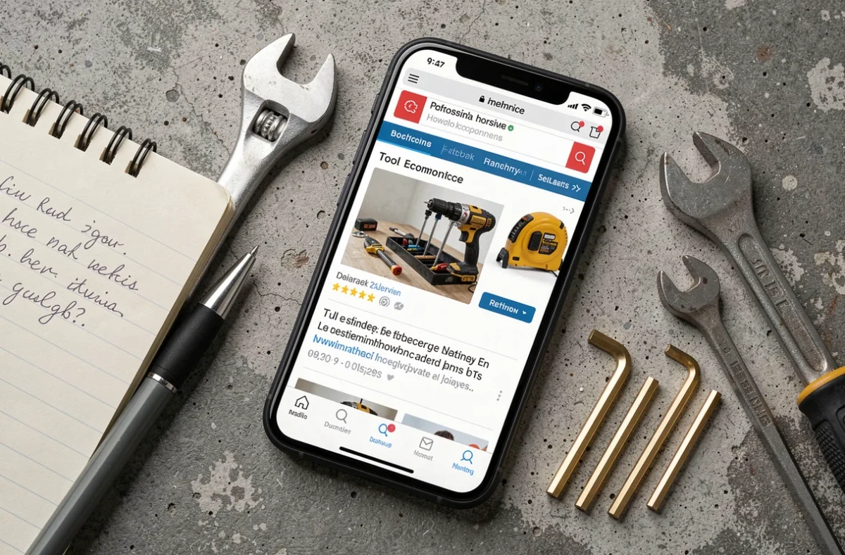 Comparatif d'avis sur des boutiques d'outillage en ligne avec smartphone et outils professionnels posés sur béton