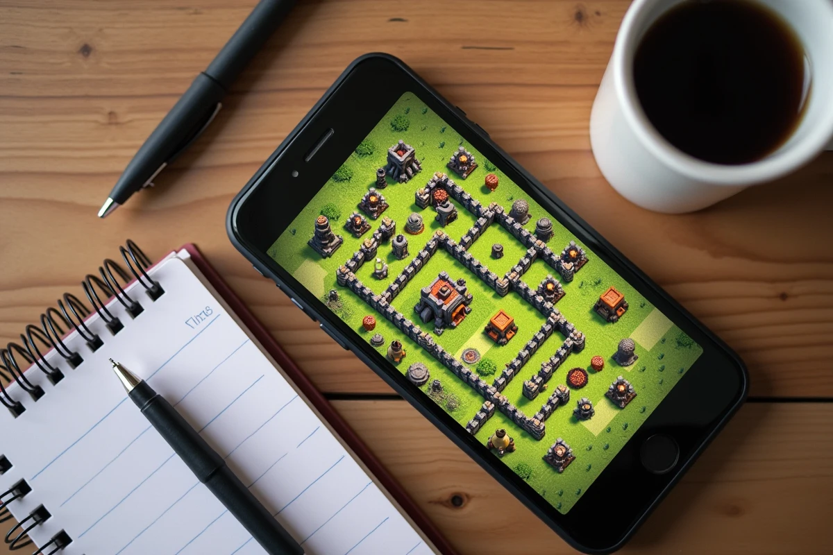 Vue aérienne d'un smartphone affichant une composition de base HDV 12 Clash of Clans avec notes stratégiques manuscrites sur une table en bois
