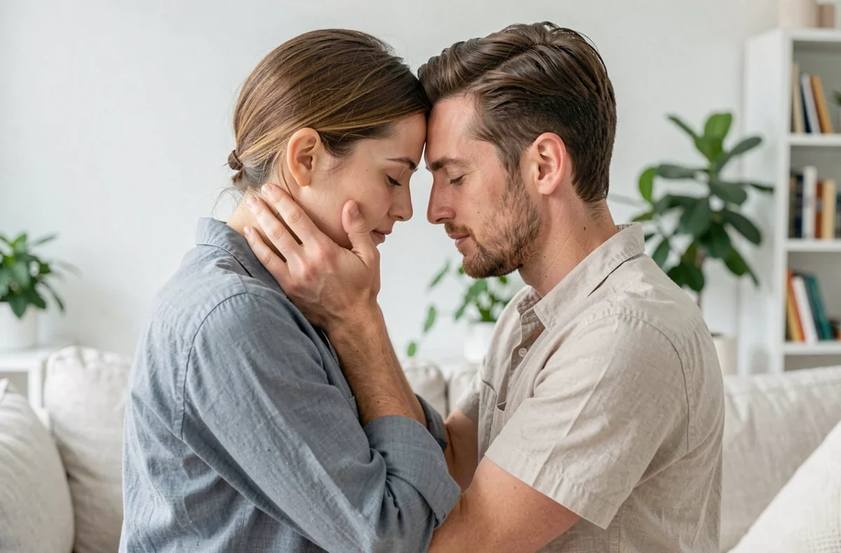 Couple front contre front dans un appartement lumineux, illustration de la confiance profonde et de la vulnérabilité en amour