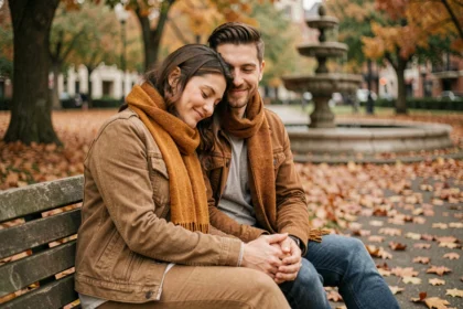 Couple complice assis sur un banc en automne, symbolisant la confiance et la sérénité en amour