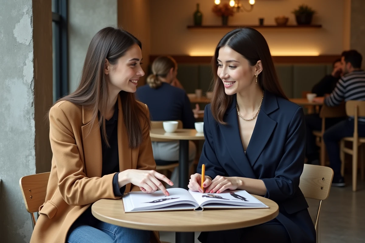Deux femmes lors d'une consultation de style personnel dans un café, discutant d'image vestimentaire avant de refaire une garde-robe