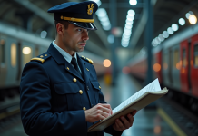 Contrôleur de train en atelier de maintenance avec documents