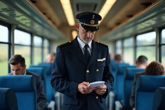 Contrôleur de train en uniforme vérifiant des billets dans un train moderne