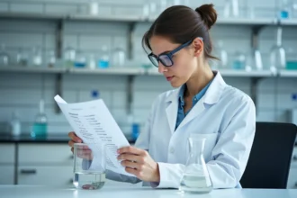 Femme en blouse de laboratoire utilisant un tableau de conversion cm3 en litres avec un cylindre gradué