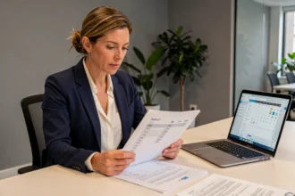 Femme professionnelle qui compare les formats horaires AM PM et 24h sur un document imprimé dans un bureau moderne