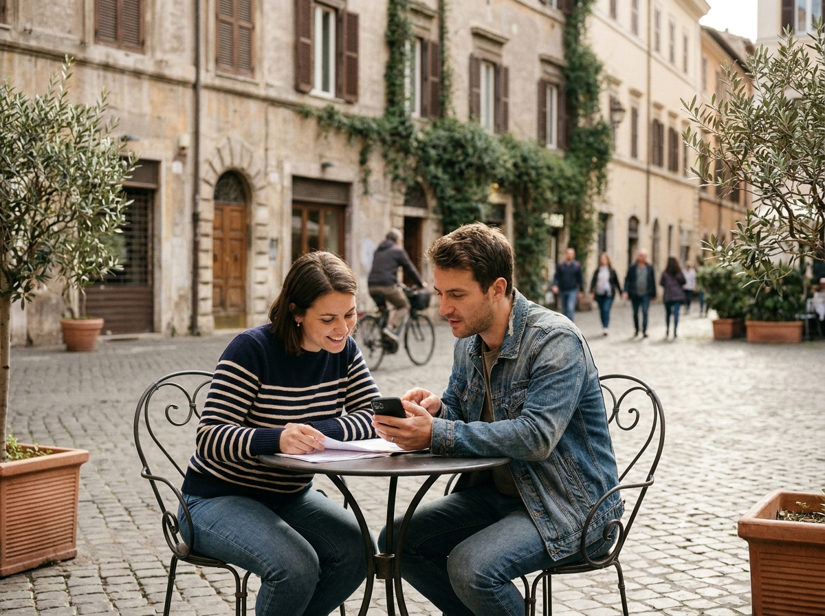 Couple consultant des documents d'assurance voyage en terrasse de bistro dans une ville européenne lors d'un week-end