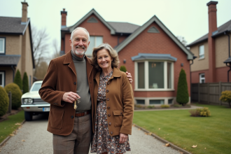 Couple canadien devant une maison des années 70 avec clés vintage