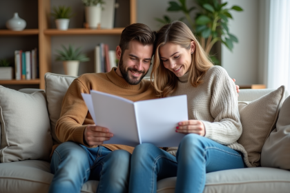 Jeune couple dans un salon examine documents d'assurance maison