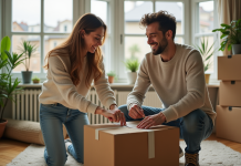 Meilleur état pour déménager en 2025 : choix des Français pour un nouveau départ Couple français souriant dans un salon lumineux en déménagement