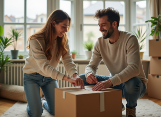 Meilleur état pour déménager en 2025 : choix des Français pour un nouveau départ Couple français souriant dans un salon lumineux en déménagement