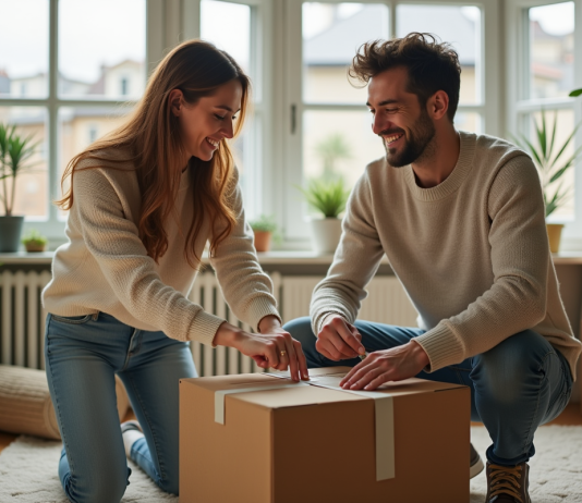 Meilleur état pour déménager en 2025 : choix des Français pour un nouveau départ Couple français souriant dans un salon lumineux en déménagement