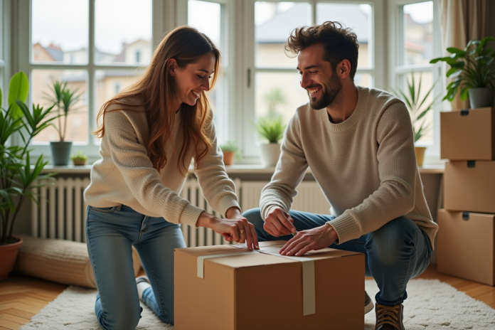 Couple français souriant dans un salon lumineux en déménagement