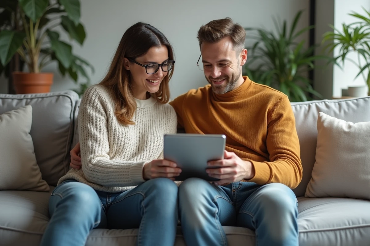Couple consultant ensemble un formulaire de demande d'accès aux données personnelles sur une tablette dans leur salon, illustrant les démarches Aipdb pour particuliers