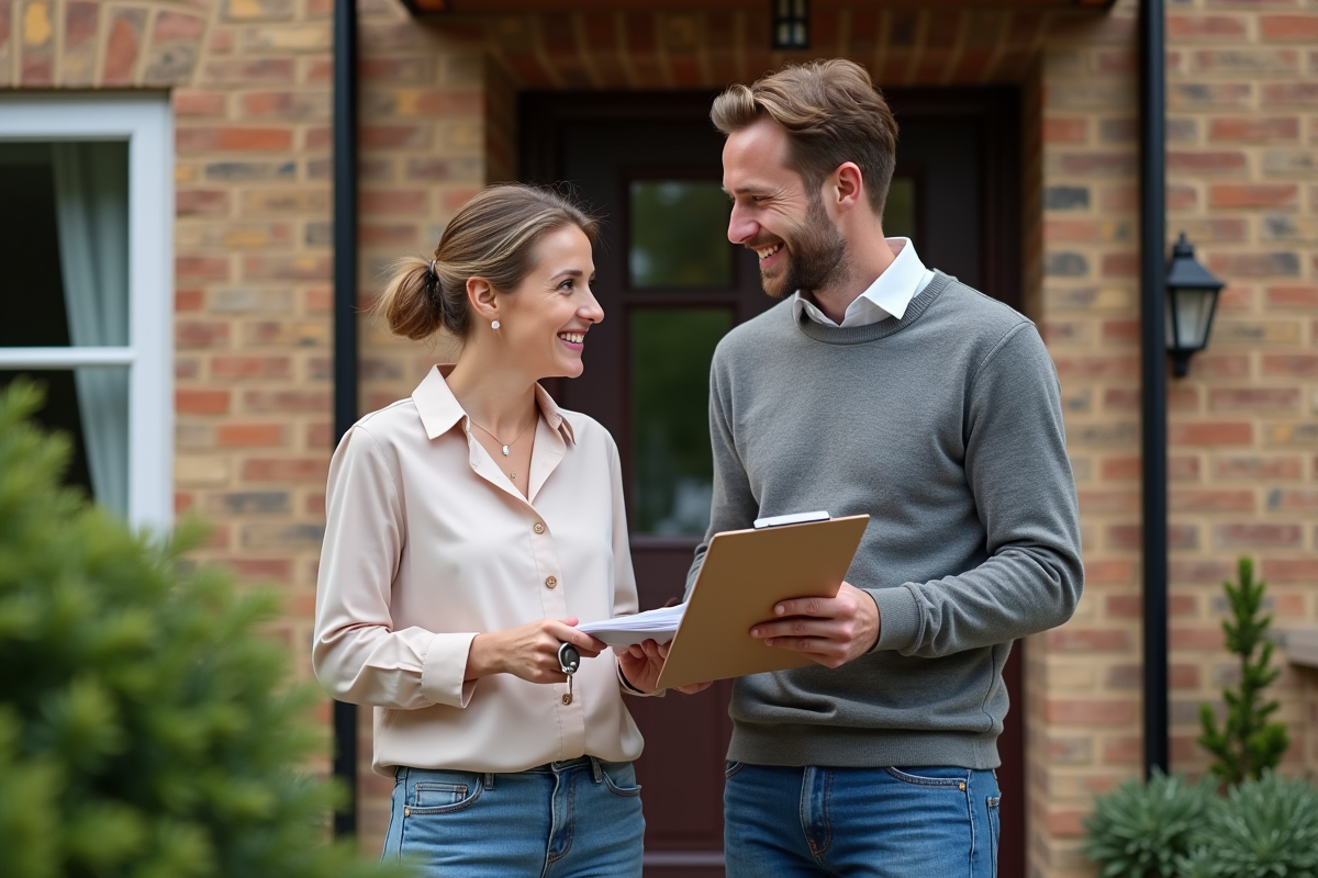 Jeune couple discutant de papiers d