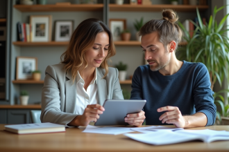 Couple d'adultes discutant à une table dans un appartement lumineux