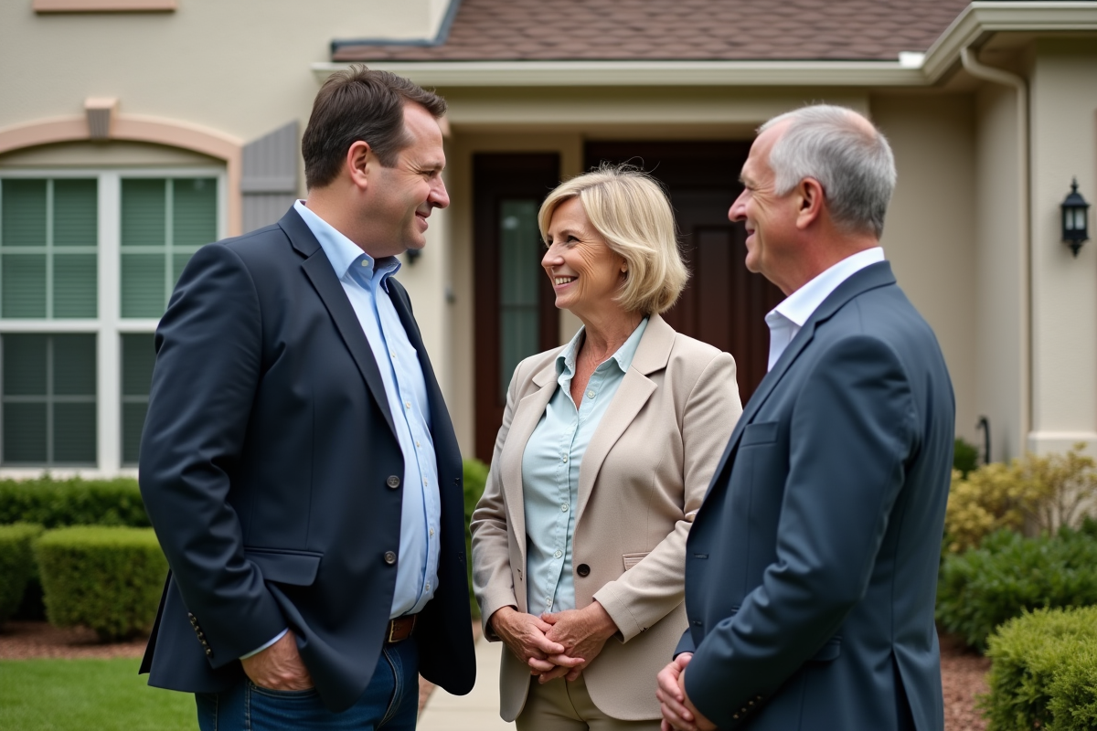 Couple discutant avec conseiller immobilier devant une maison