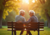 Couple senior souriant sur un banc en plein air