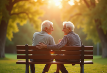 Couple senior souriant sur un banc en plein air