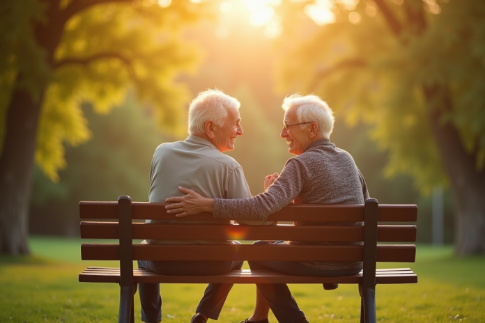 Couple senior souriant sur un banc en plein air