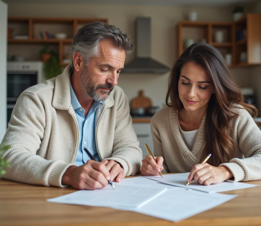Prêt hypothécaire à taux fixe : fonctionnement et avantages expliqués en détail Couple signant des documents de prêt immobilier à la maison