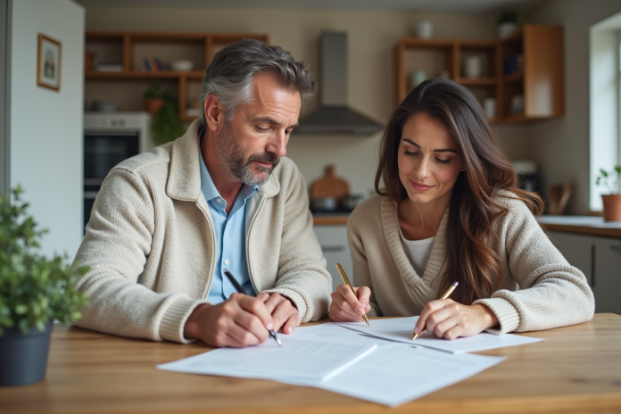 couple-signature-pret-immobilier Couple signant des documents de prêt immobilier à la maison