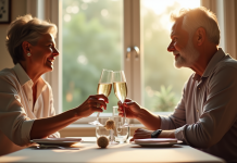 Couple mature trinquant avec champagne lors d'un dîner