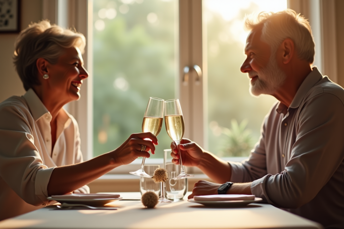 Couple mature trinquant avec champagne lors d'un dîner